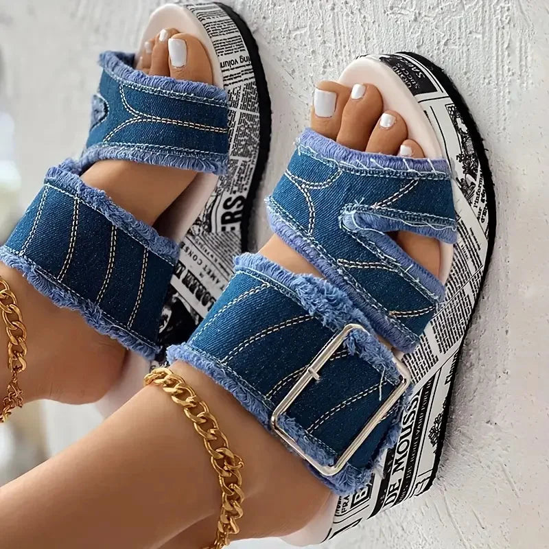 Women Sandals Casual Fashion Vacation Daily Shoes Women Summer New Buckled Denim Platform Wedge Sandals Women Zapatos De Mujer